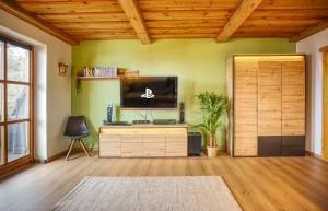 a living room with a flat screen tv on a green wall at Ferienwohnung Hauzenberg mit Pool & Sauna in Hauzenberg
