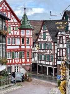 a group of buildings with cars parked in front of them at Adler Hotel und Restaurant Schiltach in Schiltach