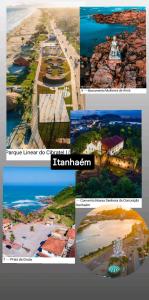 a collage of four pictures of a beach at Casinha beira praia Gaivota ,há 2 minutos da praia in Itanhaém