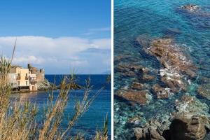 two pictures of the ocean and a house on the shore at Villa Erbalunga in Erbalunga