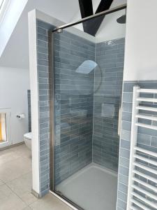 a glass shower in a bathroom with blue tiles at Gut Osterhausen in Butjadingen +53 photos