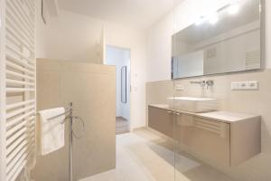 a bathroom with a sink and a mirror at Chiemsee Apartment 17 in Übersee +14 photos