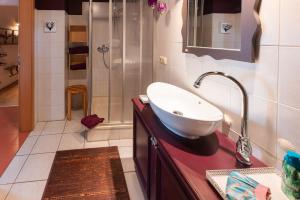 a bathroom with a sink and a shower at Ferienwohnung Lois ***** in Eggstätt +13 photos