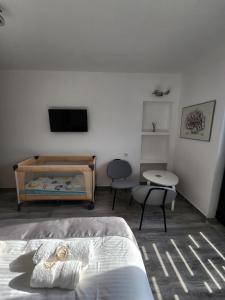 a bedroom with a bed and a table and a tv at Alexander The Great ATG in Skopje