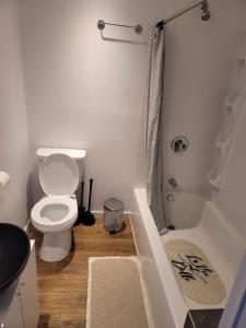 a bathroom with a toilet and a shower and a sink at Cute apartment close to highway in Edmundston