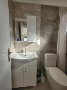 a bathroom with a sink and a toilet and a mirror at Ayvalık Akan Pansiyon in Ayvalık