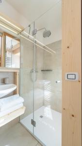 a glass shower in a bathroom with a sink at Locanda Montana in San Vito di Cadore