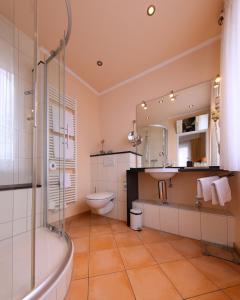 a bathroom with a toilet and a sink and a shower at Hotel zur Mühle in Paderborn +19 photos