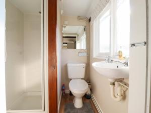a bathroom with a toilet and a sink and a window at Vine Cottage in Halstead +15 photos