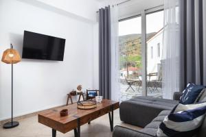 a living room with a couch and a table at Andros Apartments with Free Parking in Steniaí