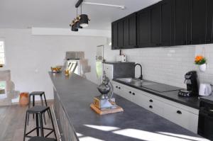 a kitchen with black cabinets and a counter top at Le moulin brûlé in Béthines +12 photos
