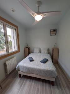 a bedroom with a bed and a ceiling fan at Maison au bord de l'eau in Le Thor