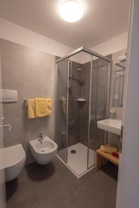 a bathroom with a shower and a toilet and a sink at Cone da Val in San Vigilio Di Marebbe