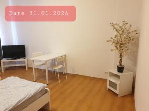 a room with a bed and a table and a table and a tv at Monteurwohnung bei Nina in Zeitz
