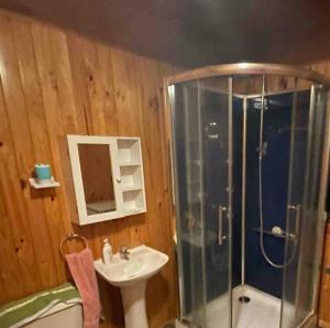 a bathroom with a shower and a sink at Cabaña Piola Quilquico in Castro