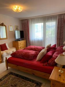 a bedroom with a bed with red pillows and a window at Small bijoux Disentiserhof in Disentis