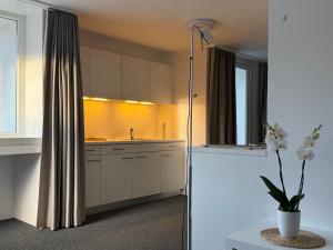 a kitchen with white cabinets and a sink at Ferienwohnung Biendi in Trimmis +15 photos