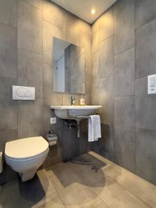 a bathroom with a toilet and a sink at Ferienwohnung Biendi in Trimmis