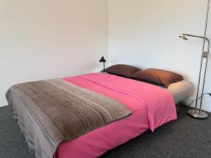 a bedroom with a large bed with a pink blanket at Ferienwohnung Biendi in Trimmis