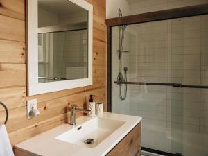 a bathroom with a sink and a shower at Chalet rustique, Lac paisible, Canot, Famille in La Conception +45 photos