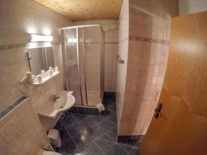 a bathroom with a shower and a sink and a toilet at Matthiasgut in Radstadt