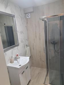 a bathroom with a sink and a shower at Apartman Odmor012-2 in Požarevac +15 photos