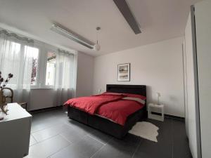 a bedroom with a red bed in a white room at Appartement Atelier in Le Noirmont