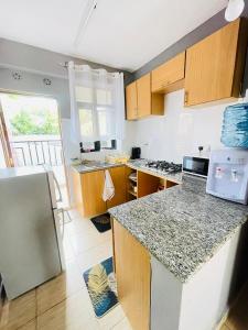 a kitchen with a counter top and a refrigerator at Bethany Cushy Home Ltd in Kisii