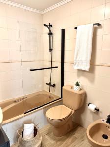 a bathroom with a toilet and a bath tub at Villa Yoli, céntrico con plaza de garaje in Avilés +11 photos