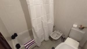 a white bathroom with a toilet and a shower curtain at Mirador de Nieva in San Salvador de Jujuy +10 photos