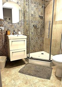 a bathroom with a shower and a sink and a toilet at Georgia Tiny House - Hiperbara Livezeni Mures in Livezeni