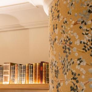 a book shelf filled with books in a room at Grand Hotel Francais in Bordeaux