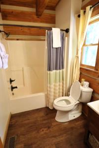 a bathroom with a toilet and a shower at The Ridge in Cherokee +34 photos