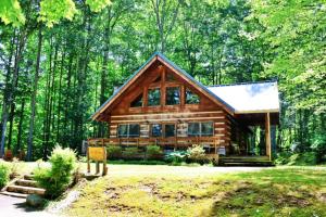 a log cabin in the woods with trees at The Hilltop in Cherokee