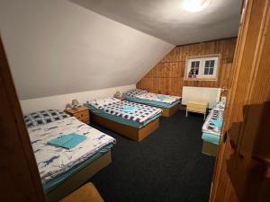 a room with three beds and a chair in it at Apartmány U Kocoura pod Klínovcem in Kovářská