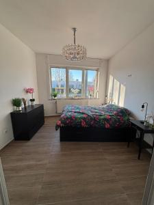 a bedroom with a bed and a chandelier at Modern apartment in Brussels, ground floor in Brussels