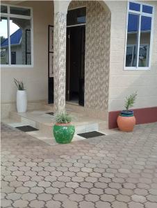 two potted plants sitting in front of a building at Mkula Executive Lodge in Mugumu