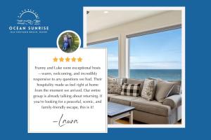 a flyer for a living room with a couch and the ocean at Oceanfront Home Beach Access Deck & Ping Pong in Old Orchard Beach +49 photos