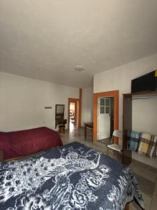 a bedroom with a bed with a blue and white blanket at Hotel La C in San José Iturbide