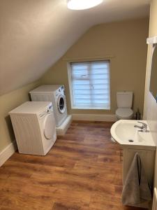a bathroom with a washer and dryer and a sink at Cosy Townhouse 2bedroom in Enniscorthy