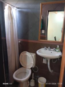 a bathroom with a toilet and a sink and a mirror at Los Gurises in Gualeguay
