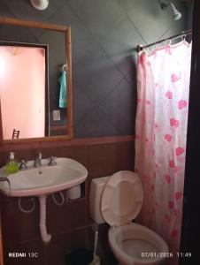 a bathroom with a sink and a toilet and a mirror at Los Gurises in Gualeguay