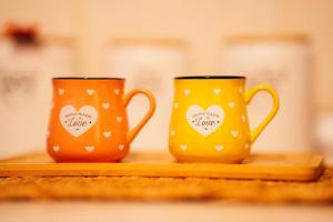 two orange cups sitting on a wooden shelf at Grahovo Lake in Čelina