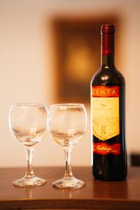 a bottle of wine and two wine glasses on a table at Grahovo Lake in Čelina