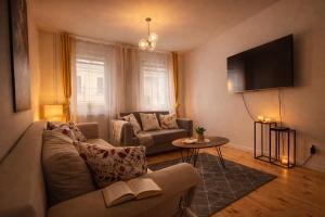 a living room with a couch and a tv at Domek Przy Termach in Jelenia Góra