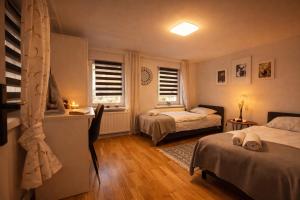 a bedroom with two beds and two windows at Domek Przy Termach in Jelenia Góra