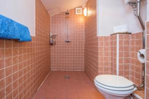 a bathroom with a toilet and a shower at Y Sied in Newport +17 photos