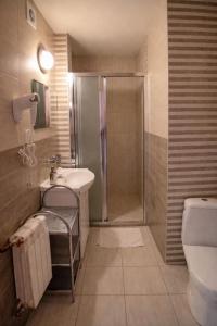 a bathroom with a shower and a sink and a toilet at Pod Tatrami widok na Tatry, sauna, parking, blisko Term Bukovina in Bukowina Tatrzańska +67 photos