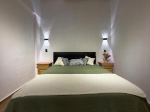 a bedroom with a bed with two lights above it at Casa Bravo in Toluca