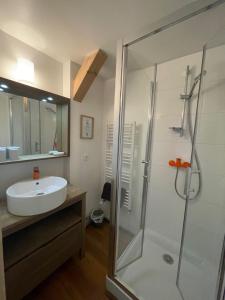 a bathroom with a glass shower and a sink at Gite Le Rebanchon in Le Monêtier-les-Bains